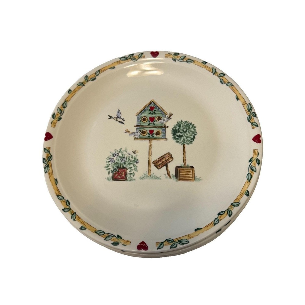Thomson Pottery Birdhouse 10" Dinner Plates Discontinued Set Of 6 Cottagecore
